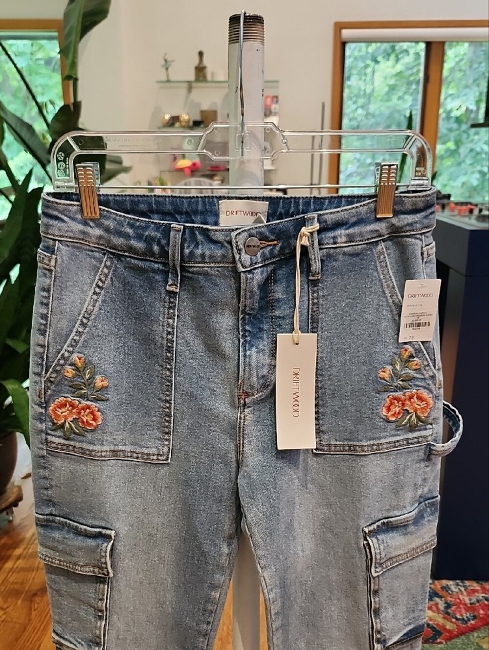 DRIFTWOOD Farrah Embroidered Cargo Flare Jeans - Savannah Wash - NWT - Picture 2 of 12